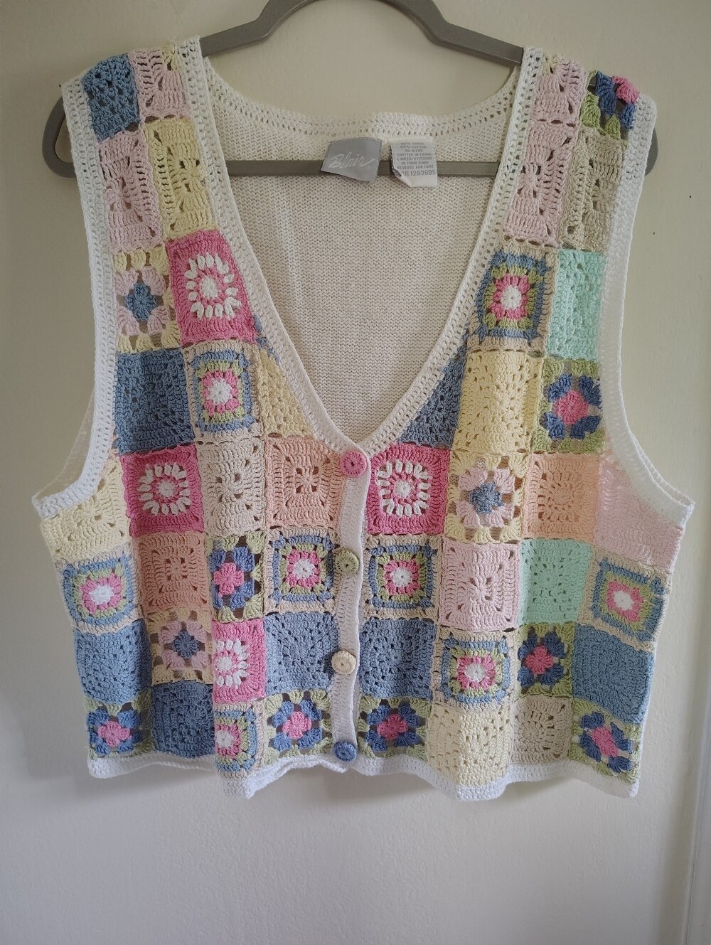 Vintage Crochet Patchwork Vest Top Large Knit Woven Pink Floral Boho Cottage